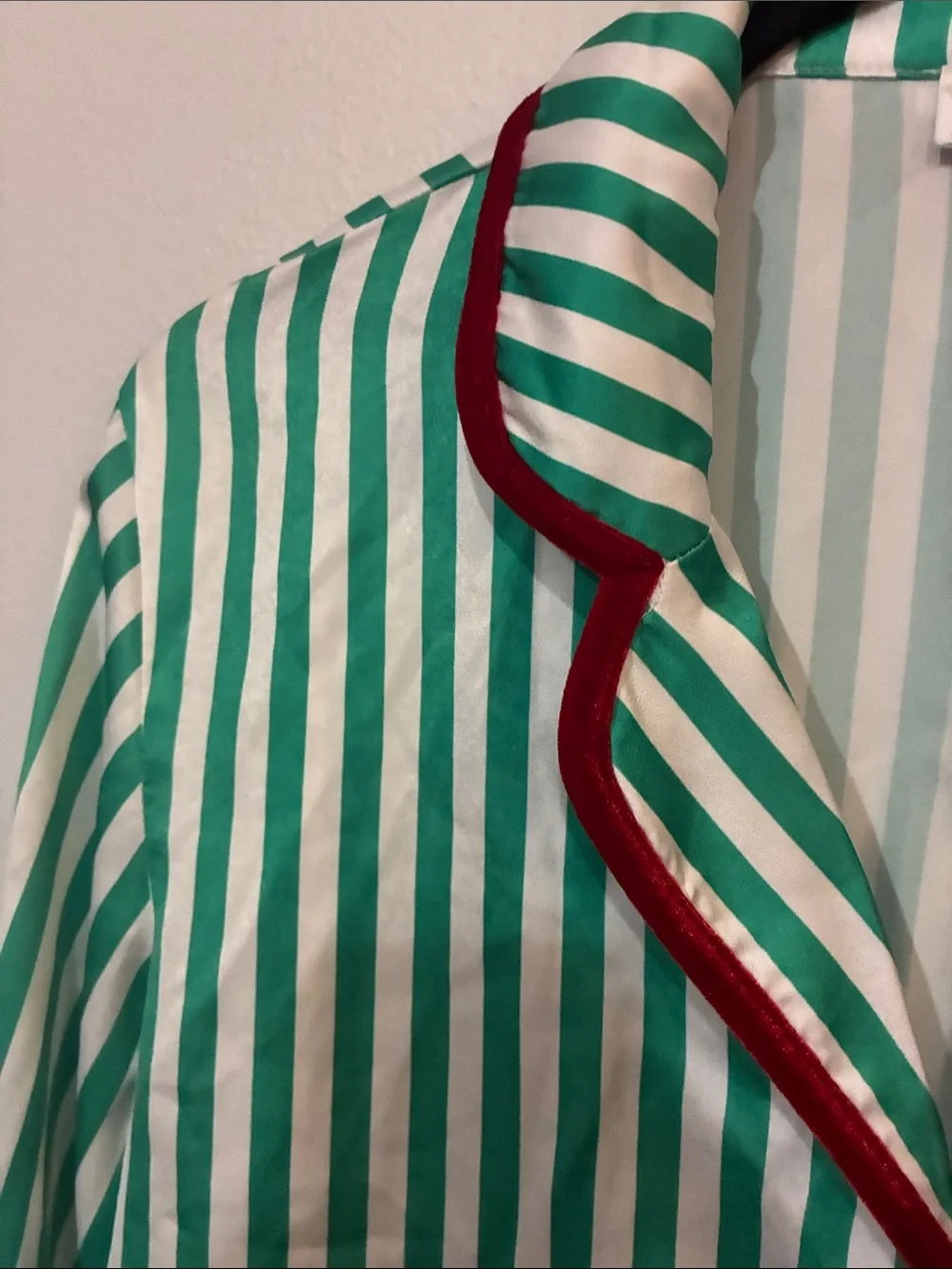 Altar'd State Green and White Striped Satin Pajama Top with Red Trim